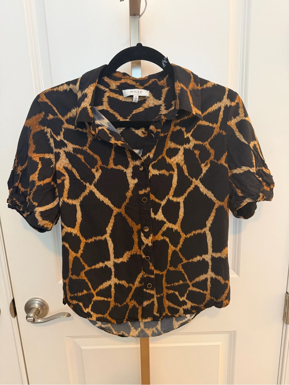 Milly Black and Tan Giraffe-Print Short Sleeve Button Shirt